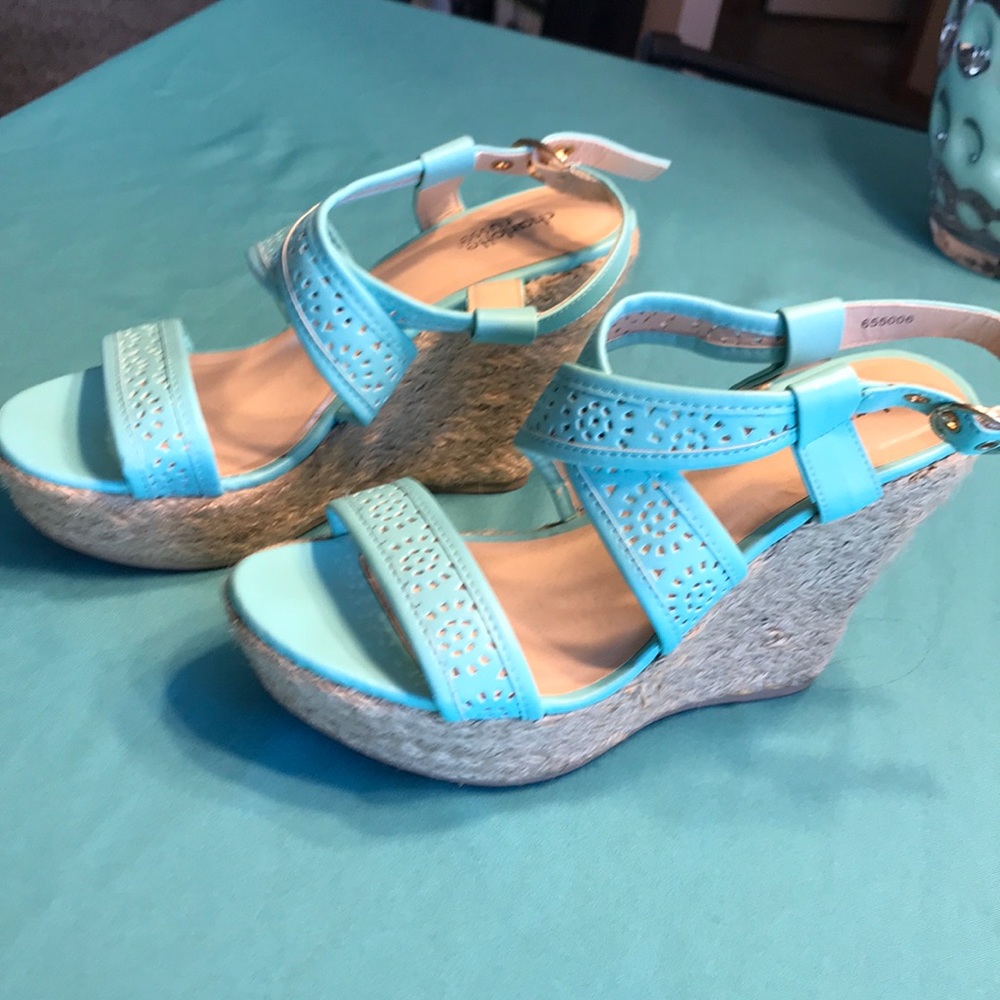 Teal strappy, floral wedges